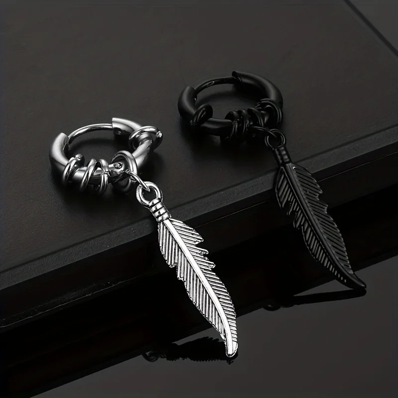 1pair Unisex Punk Hip Hop Style Stainless Steel Feather Shaped Stud Earrings for Men Women Vintage Piercing Ear Jewelry