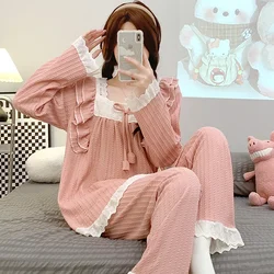 5XL Plus Size Spring Ladies Pajamas Set Princess Style Cotton Soft Sleepwear Squre Neck Long-sleeve Trousers suit Household Wear