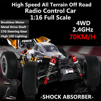 All Terrain Climbing 70KM/H High Speed Brushless Radio Control Car 2.4G 1:16 Metal Drive LED Lighting Electric RC Car Truck Toy