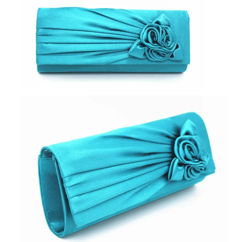 Teal Blue Satin Clutch Bag for Women Elegant 3D Rose Flower Evening Purse Romantic Turquoise Wedding Party Bridal Prom Handbag