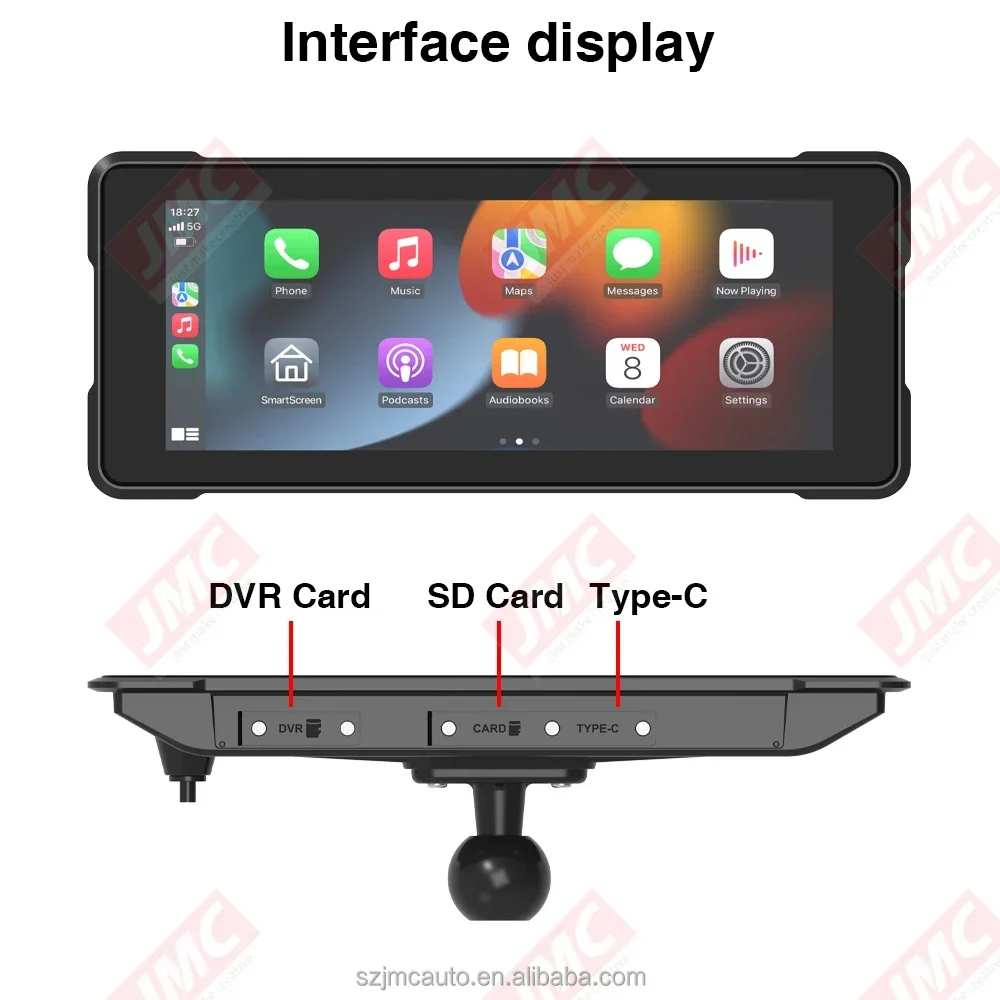 JMC 6 Inch Portable CarPlay Monitor For Motorcycle Waterproof Level IPX7 CarPlay Android Auto Linux DVR BT Wifi TF Card