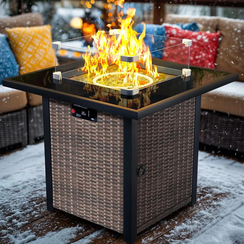 

Propane Fire Pit Table, Outdoor Fire Pit Table, 28 Rattan Square Outdoor Gas FirePit with Glass Wind Guard, Tempered Glass Table
