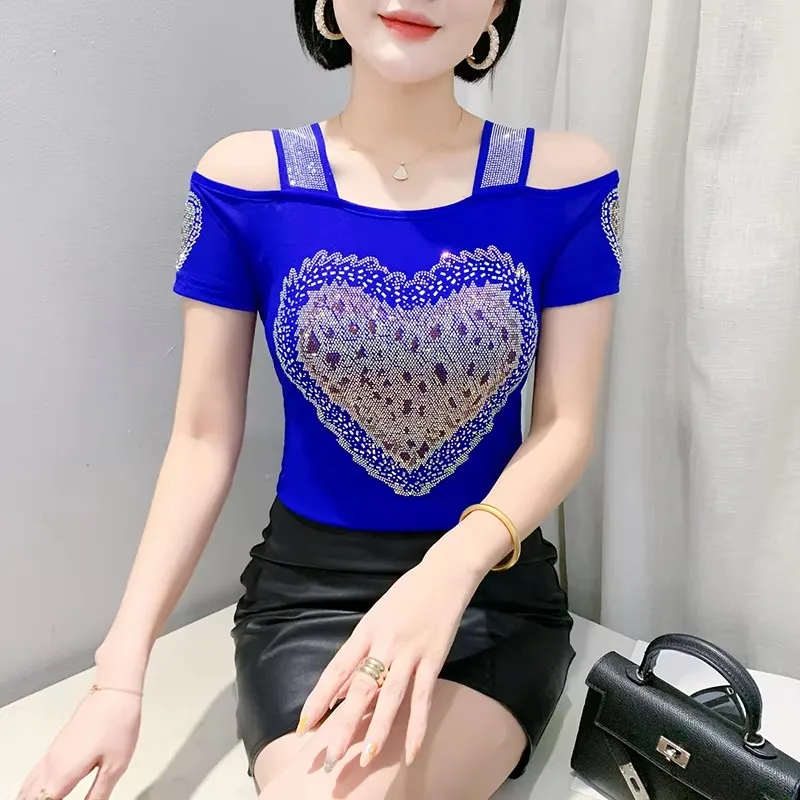 2025 ropa europea, camiseta de malla para mujer, nueva moda elegante de verano, Top con diamantes brillantes, camisetas sexis con hombros descubiertos para chica