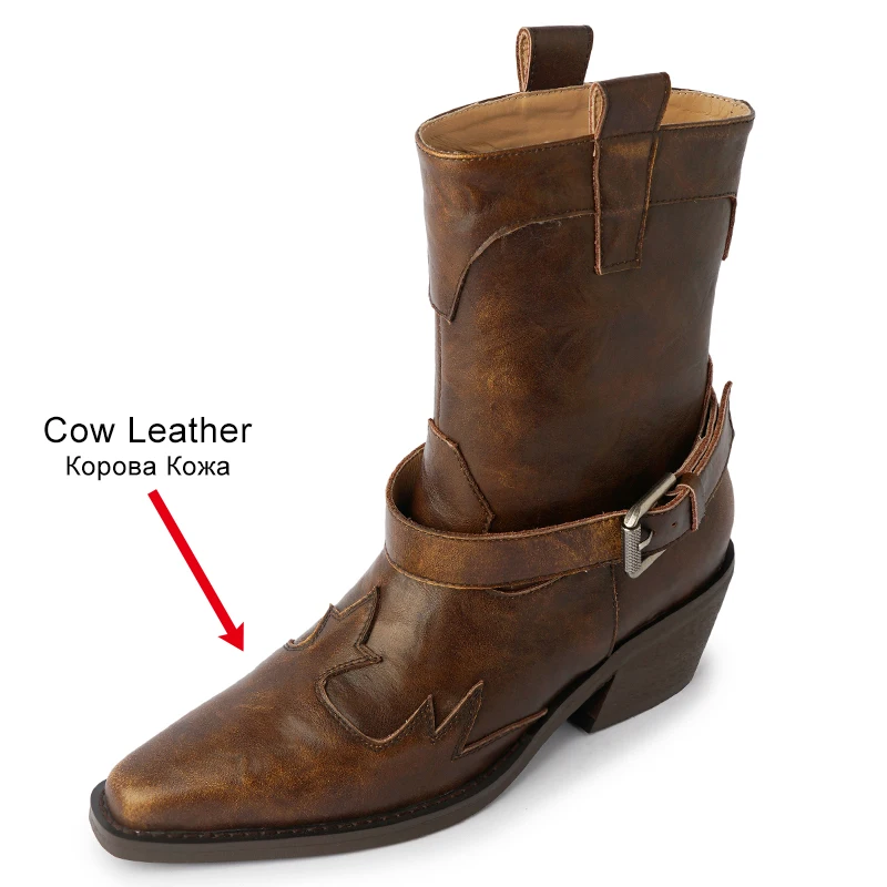 JOZHAMTA Size 34-40 Women Ankle Boots Genuine Leather Vintage Western Boots Block Heels Shoes Winter 2024 Country Daily Dress