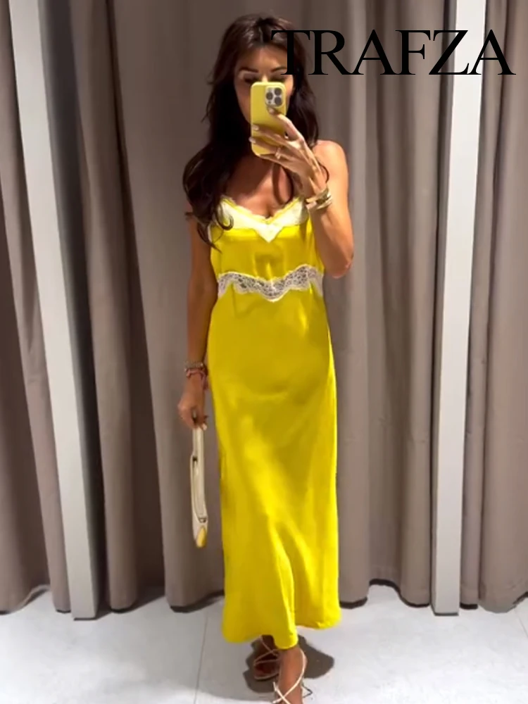 

HH Woman Elegant V-Neck Sexy High Street Slim Party Sleeveless Dress Elegant Female Lace Splicing Decoration Sling Dress