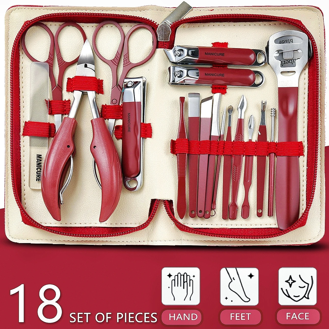 Set per tagliare le unghie aggiornato da 18 pezzi: tagliaunghie affilate, lime per unghie, taglia sopracciglia, set per bigodini, borsa portatile con cerniera,