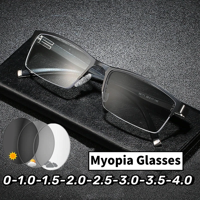 

Metal Photochromic Glasses for Men Unisex Fashion Business Near Sight Eyewear Outdoor Women Smart Myopia Sunglasses 0to-4.0