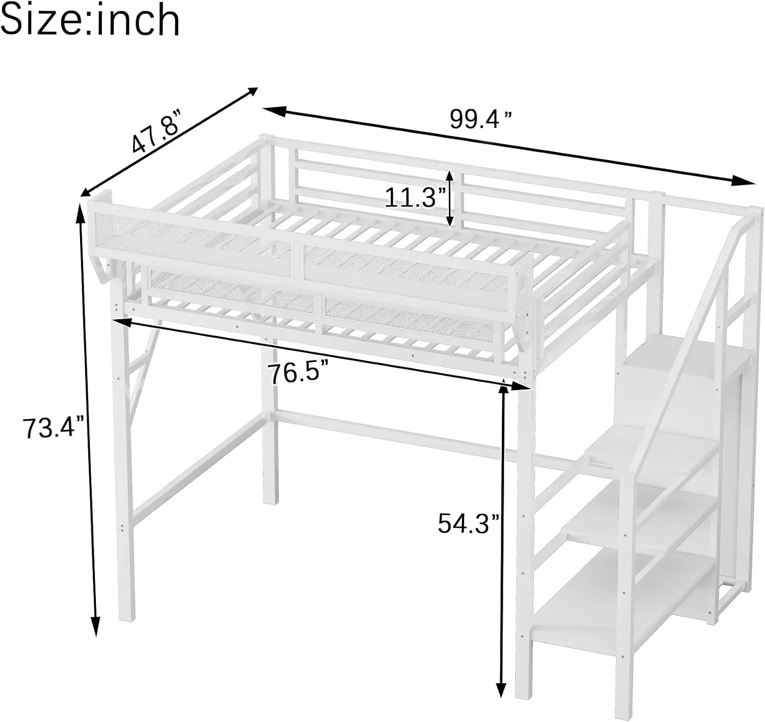 KEIKI Twin XL Size Metal Loft Bed Frame with Convertible Staircase & Built-in Storage Shelves & Wardrobe, Loft Bed with Slats &