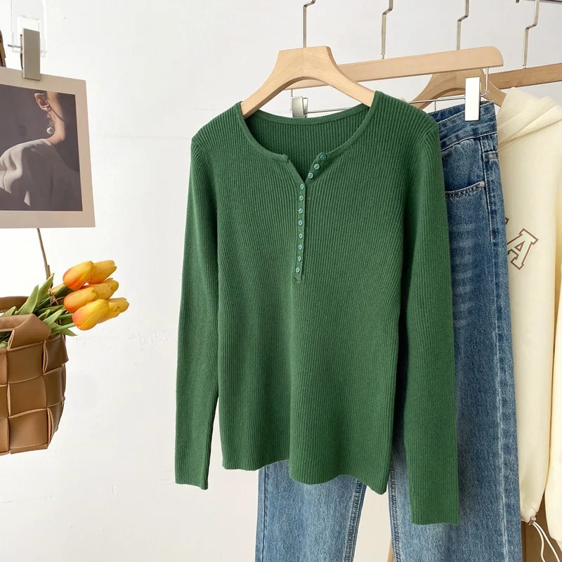 

Knitted Jumper Soft Warm Pullovers Little Button V-neck Long Sleeve Sweaters Solid Multi Color Basic Slim Pullover Tops