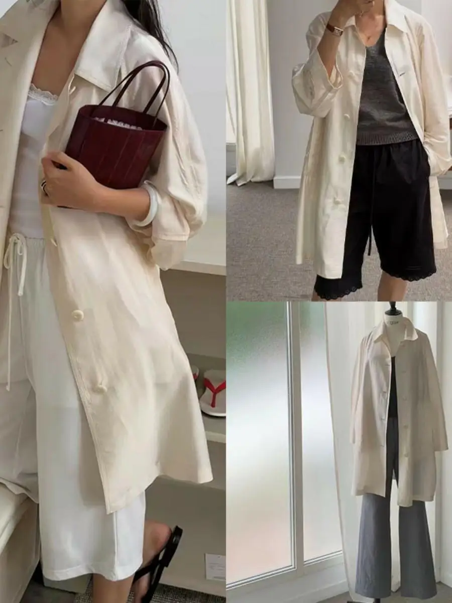 Loose Fit Women's Long Coat Jacket Nylon Material Button Closure Single Sleeve Pure Color Style Casual Elegant Style