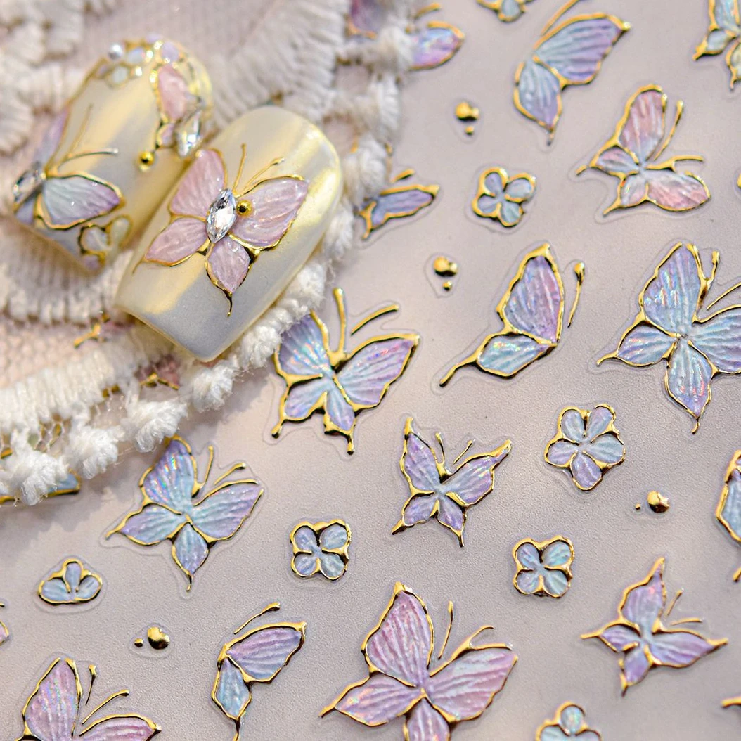 Dreamy-pétalo de flor Gradual, azul, rosa, morado, mariposa, insecto, 5D, adhesivo en relieve suave para decoración de uñas, calcomanías para manicura