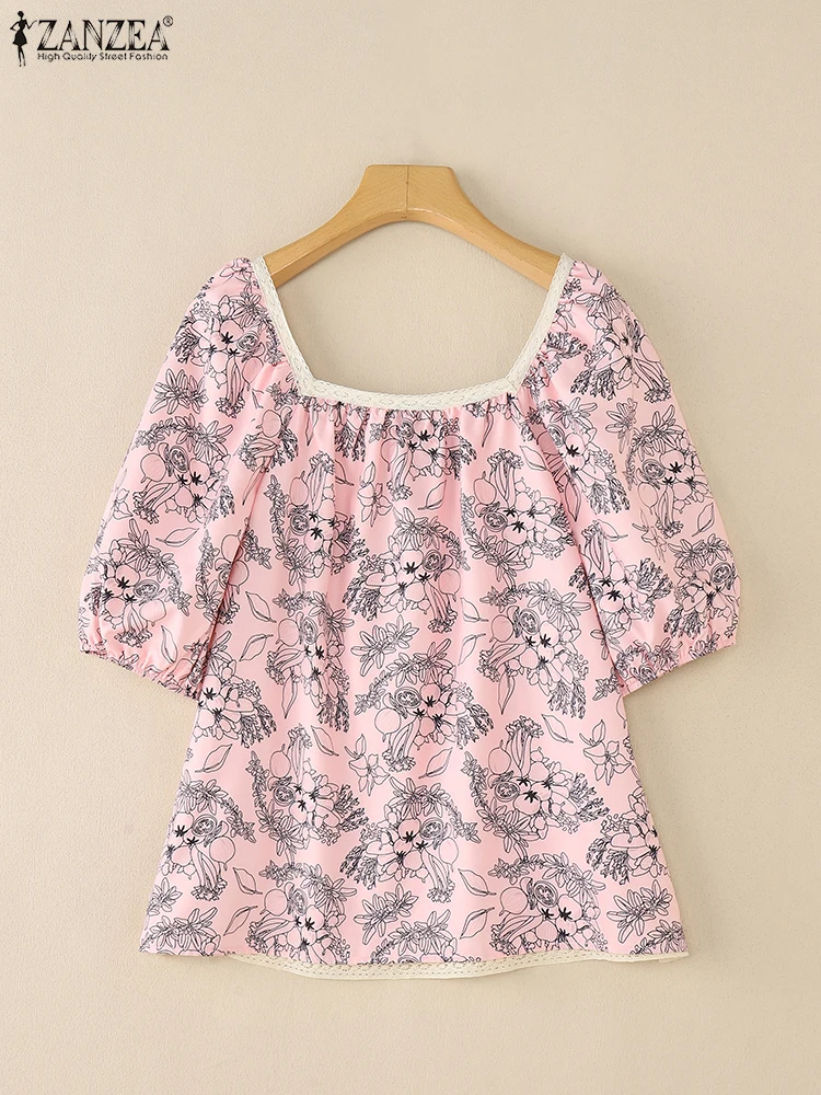 2025 ZANZEA Summer Printed Shirt Elegant Women Square Neck Puff Sleeve Blouses Stylish Holiday Tops Casual Lace Patchwork Blusas