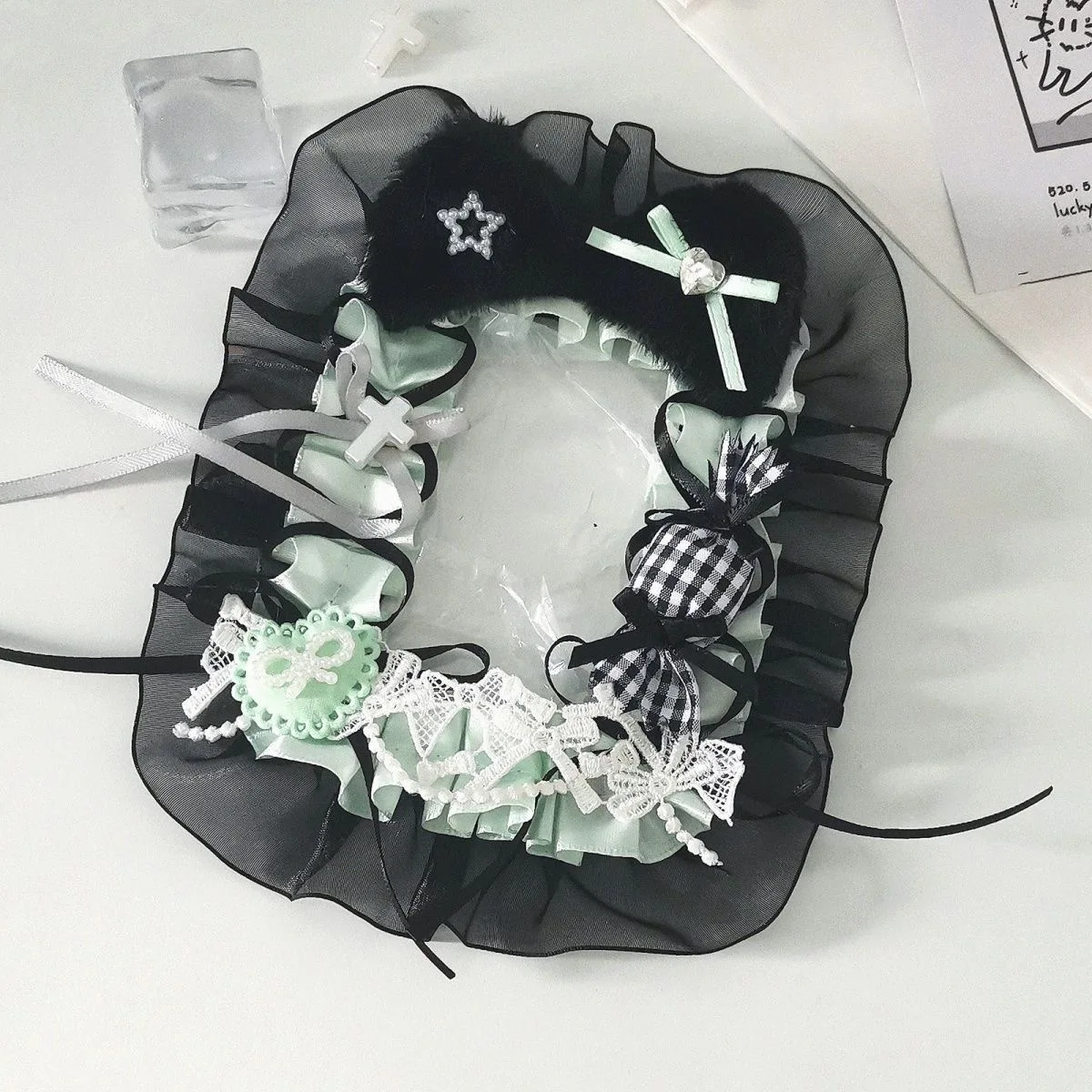 

black green mesh card holder idol photo display ita bag accessories lolita y2k accessories photo protective cat ear ins lace