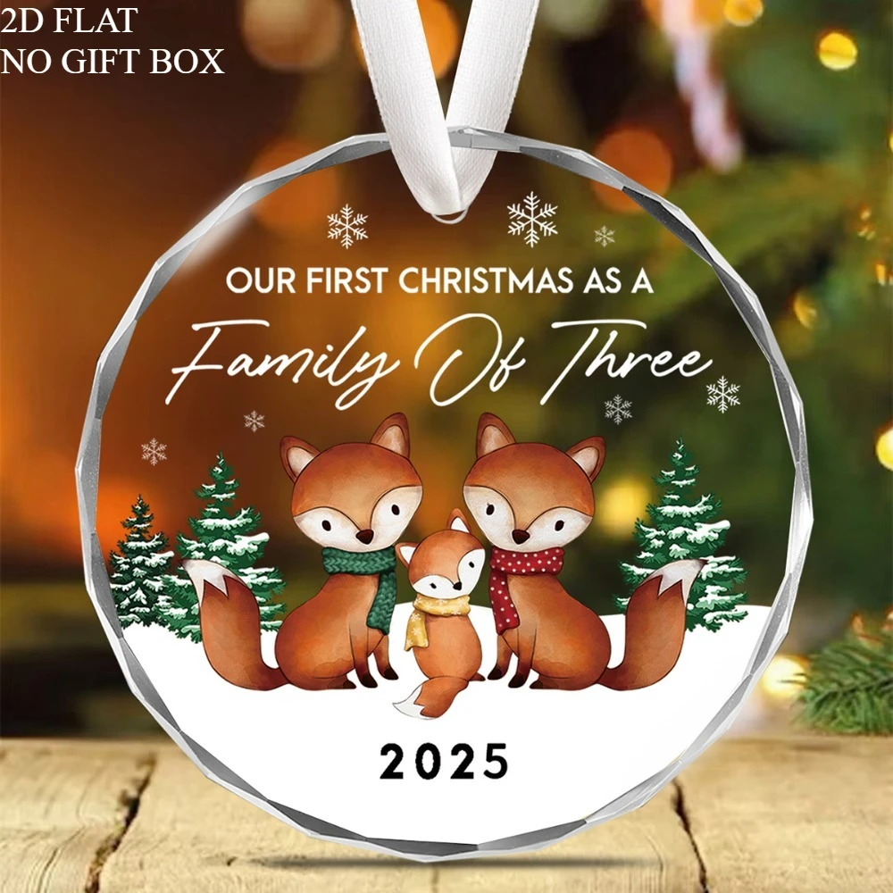 مسطح ثنائي الأبعاد، 1 كريستال ثلاثي الأجيال للعائلة أول زينة عيد الميلاد - تذكار كروي شفاف 8.0 سم مع عائلة الثعلب