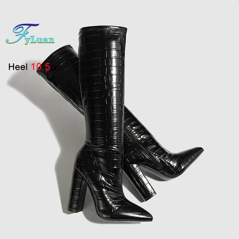 

Stone Pattern Pointed Toe Soft Leather Tall Boots Women High Heels Knee Length Boots Coarse Heel Long Boots Ladies Knight Boots