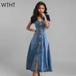 WTHT Trendy Fashion Women's Patchwork Lapel Sleeveless Denim Long Dress 2024 Winter Single Breasted Dresses Female 1LS586