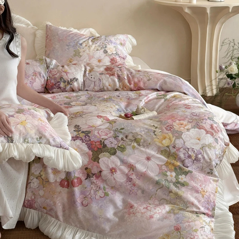 French dream girl oil painting cotton long-staple cotton four-piece set pure cotton romantic yarn quilt cover bedding