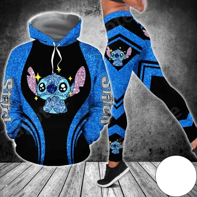 Hoodie wanita, Hoodie Disney Stitch, setelan legging Hoodie 3D, celana Yoga Stitch, pakaian olahraga mode, setelan Yoga Disney