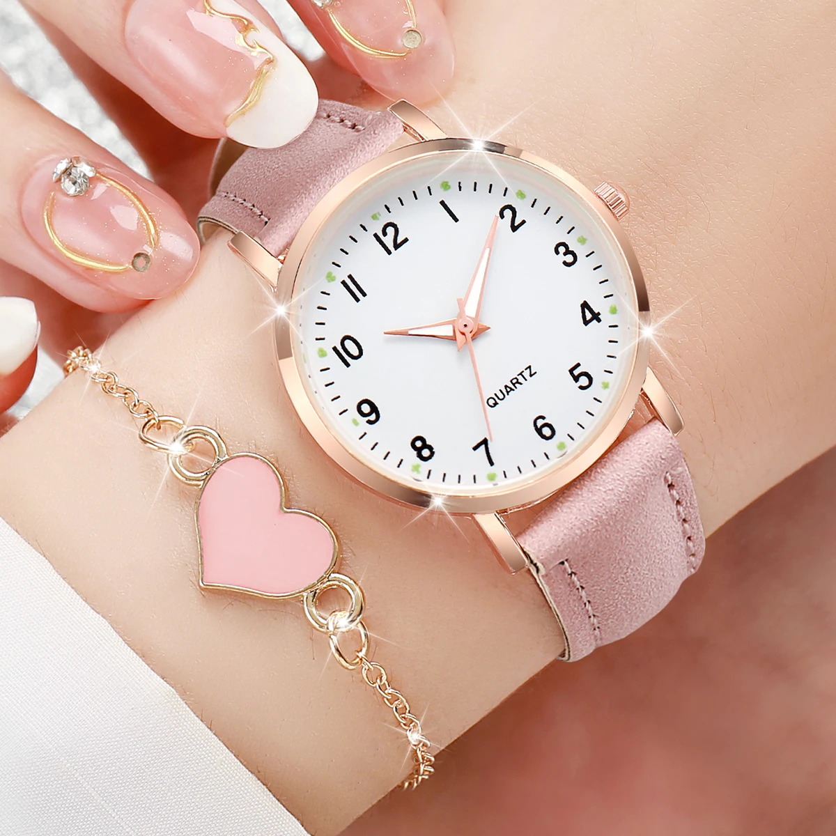 4/6PCS Fashion Leather Strap Women Quartz Watches Set Ladies Arabic Dial Wristwatch With Heart Bracelet Reloj Mujer(Without Box) image 4