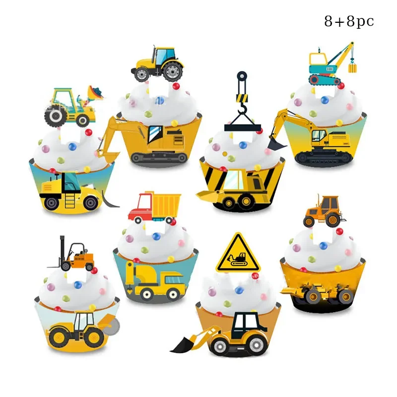 Engineering Vehicle Cupcake Decorations Excavator Cake Topper Kids Boys Favors Happy Construction Car Birthday Party Cake Decors