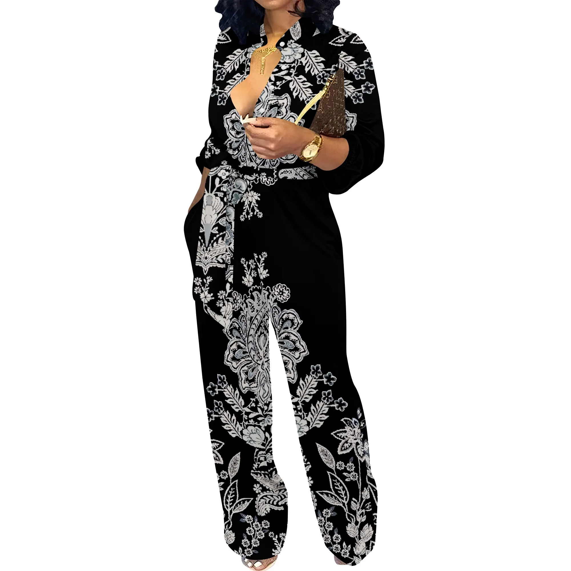Women’s Long Sleeve Belted Jumpsuit Blue Ink Print V Neck Elegant One Piece Romper Casual Daily Outfit