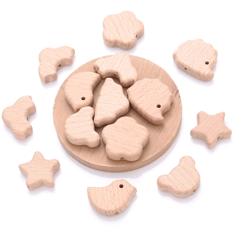 10Pcs Animal Pentagram Wooden Beads Food Grade Beech Wood Teething Teether Beads DIY Baby Pacifier Chain Pendant Accessories