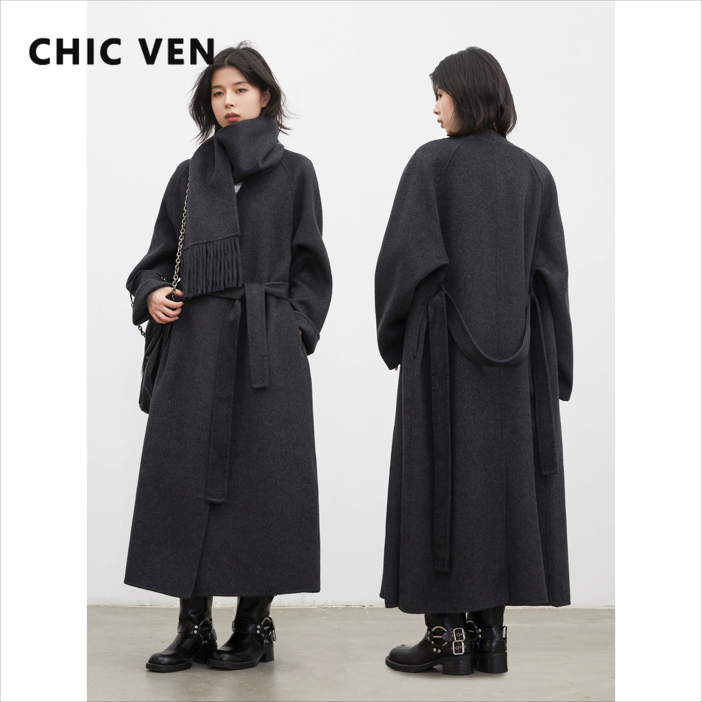 CHIC VEN Korean Women Long Double-sided Woolen Coat Loose V Neck Office Ladies Overcoat Belt Oversize Clothes Autumn Winter 2026