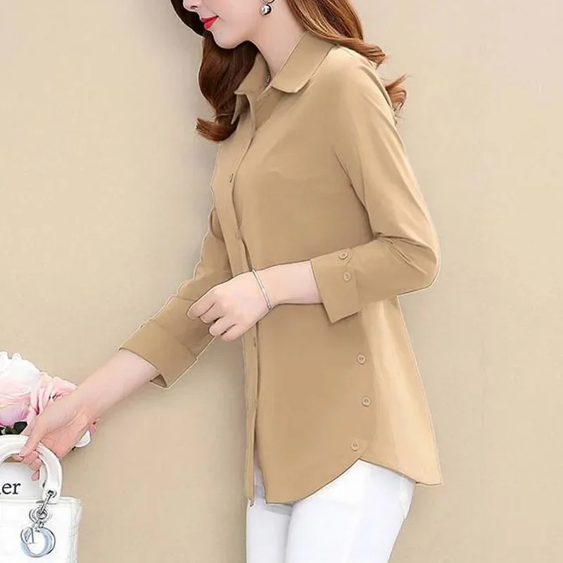 2024 Korean Solid Color Casual Ladies Clothes 2024 Spring New POLO Collar Tops Women Single Breasted Long Sleeve Shirt E764