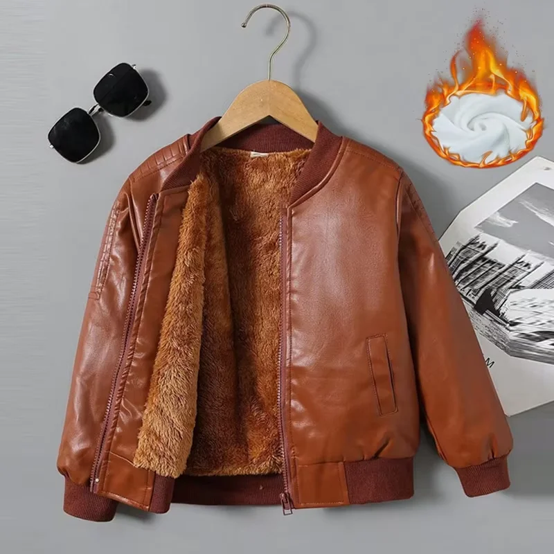 2-14Y Boys Thick Leather Jackets Children Warm PU Leather Outerwear Girls Winter Plush Velvet Coats Kids Autumn Fashion Clothing