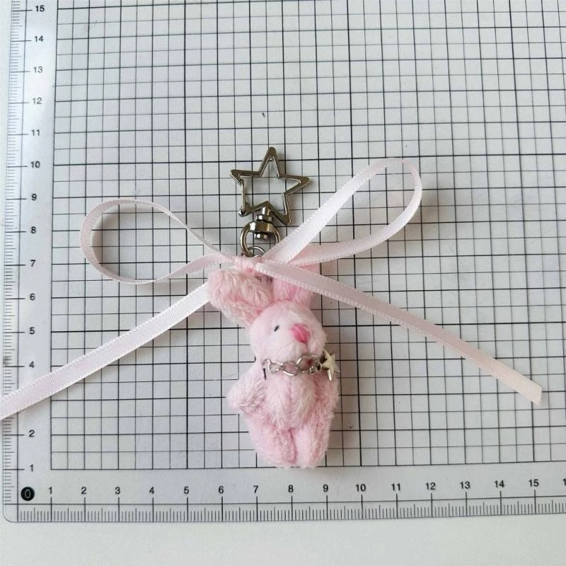 573B Sturdy Plush Rabbits Pendant Keyring with Colorful Bowknot Toy for Decoration