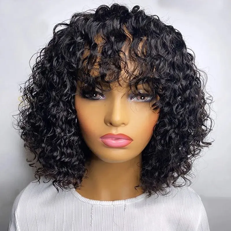 Brazilian Jerry Curly Short Bob Human Hair Wigs With Bangs Full Machine Made Fringe Bob Wig Water Wave Wig For Women 300 Density