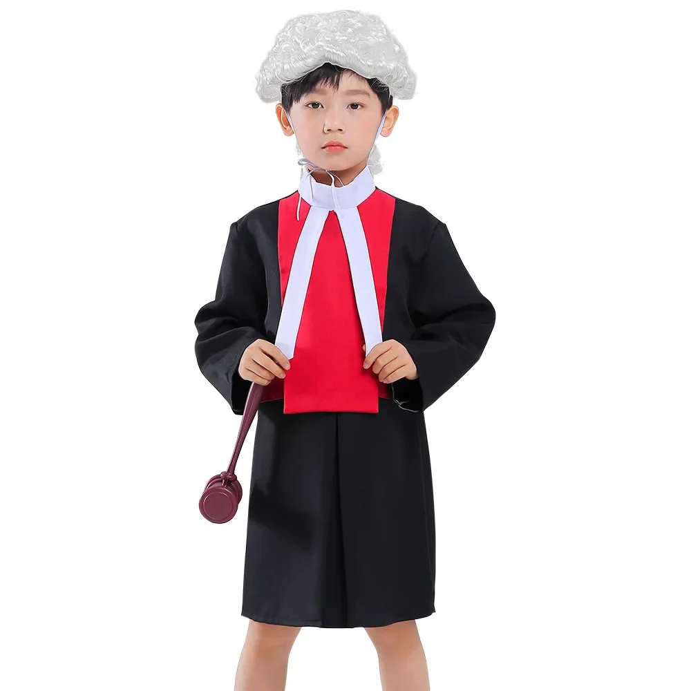 New Boy Girls Children Kids Judge Cosplay Costume Lawyer Wig Collar Gavel Accessory for Halloween Cosplay Party Costume