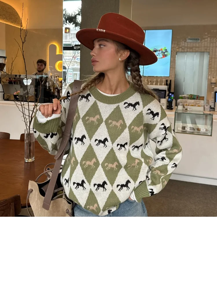 

Женский вязаный пуловер с длинными рукавами и ромбовидной сеткой, зеленый свободный повседневный свитер с круглым вырезом, осень 2021, модная уличная верхняя одежда для поездок на работу