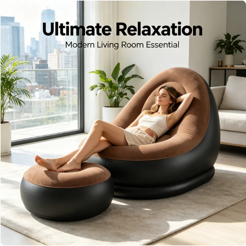 

2Pcs Inflatable Chaise Lounge Portable Outdoor Camping Recliner Sofa Chair With Footstool Garden Leisure Ottoman