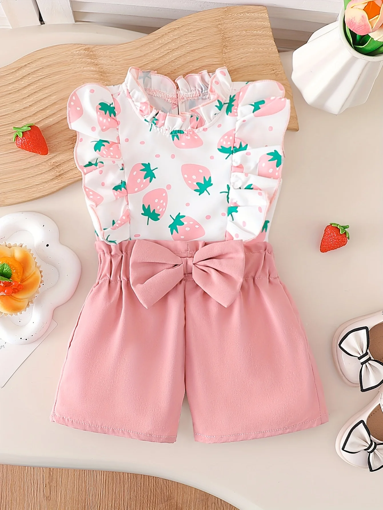 

Летний комплект для девочек: топ с воротником-стойкой и клубничным принтом + шорты с высокой талией и бантом, повседневная одежда, подарок на День святого Валентина/день рождения