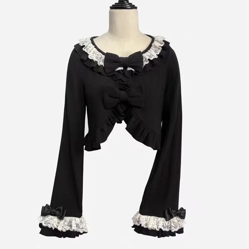 

Японский вязаный кардиган в стиле Харадзюку для женщин, осенний, милый, с рюшами, круглым вырезом и бантом, укороченный, приталенный, в стиле Лолита