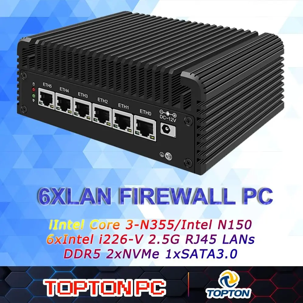 PC Mini Tanpa Kipas Intel Core N355/N305 i226-V 6*2.5G LAN DDR5 2xNVMe 1xSATA3.0 Server Firewall pfSense Proxmox
