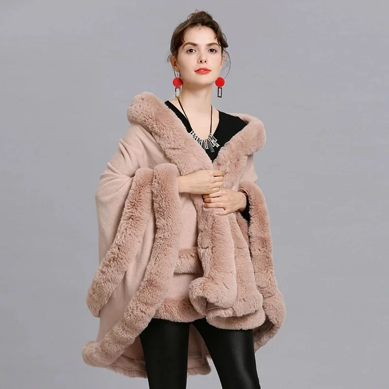 Women Two Layer Fur Poncho With Hat Faux Fox Fur Cape Big Pendulum Dovetail Cardigan Winter Shawl Warm Thick Coat