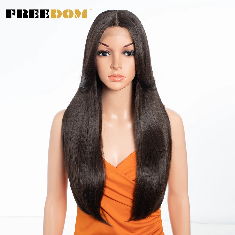 FREEDOM Straight Synthetic Lace Front Wigs For Women 24 inches Wig With Bangs Ombre Brown Blonde Lace Wigs Free Cut Cosplay Wig