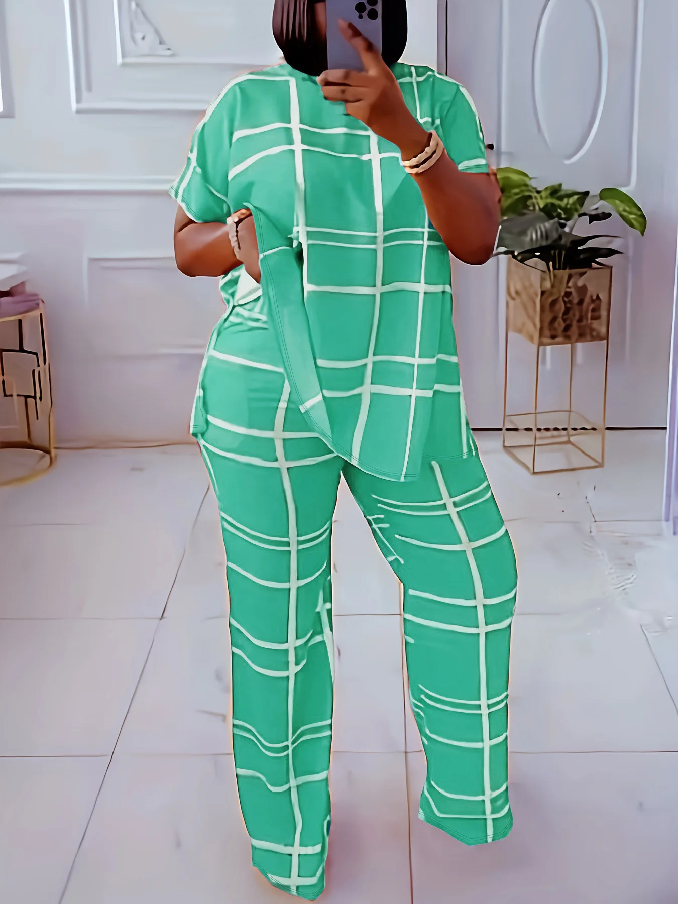 Spring Autumn New Women's Fashion Elements Striped Grid Printed Casual Round Neck Large Comfortable Two Piece Set