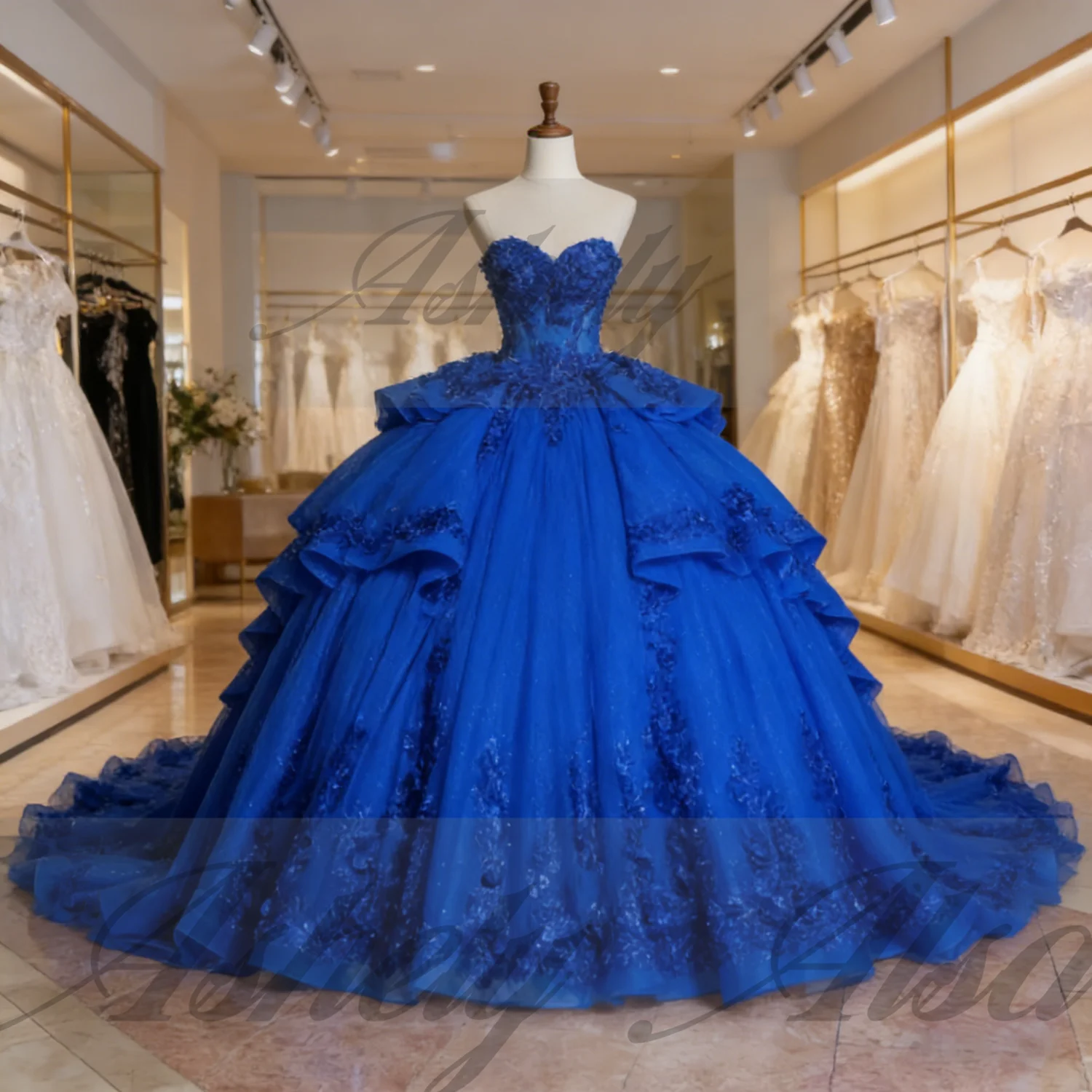 Maßgeschneiderte Königsblaue Quinceanera-Kleider Ballkleid mit Spitzenapplikation Korsett Bodenlange Abiball-Geburtstagsparty-Kleider Vestido De XV Anos