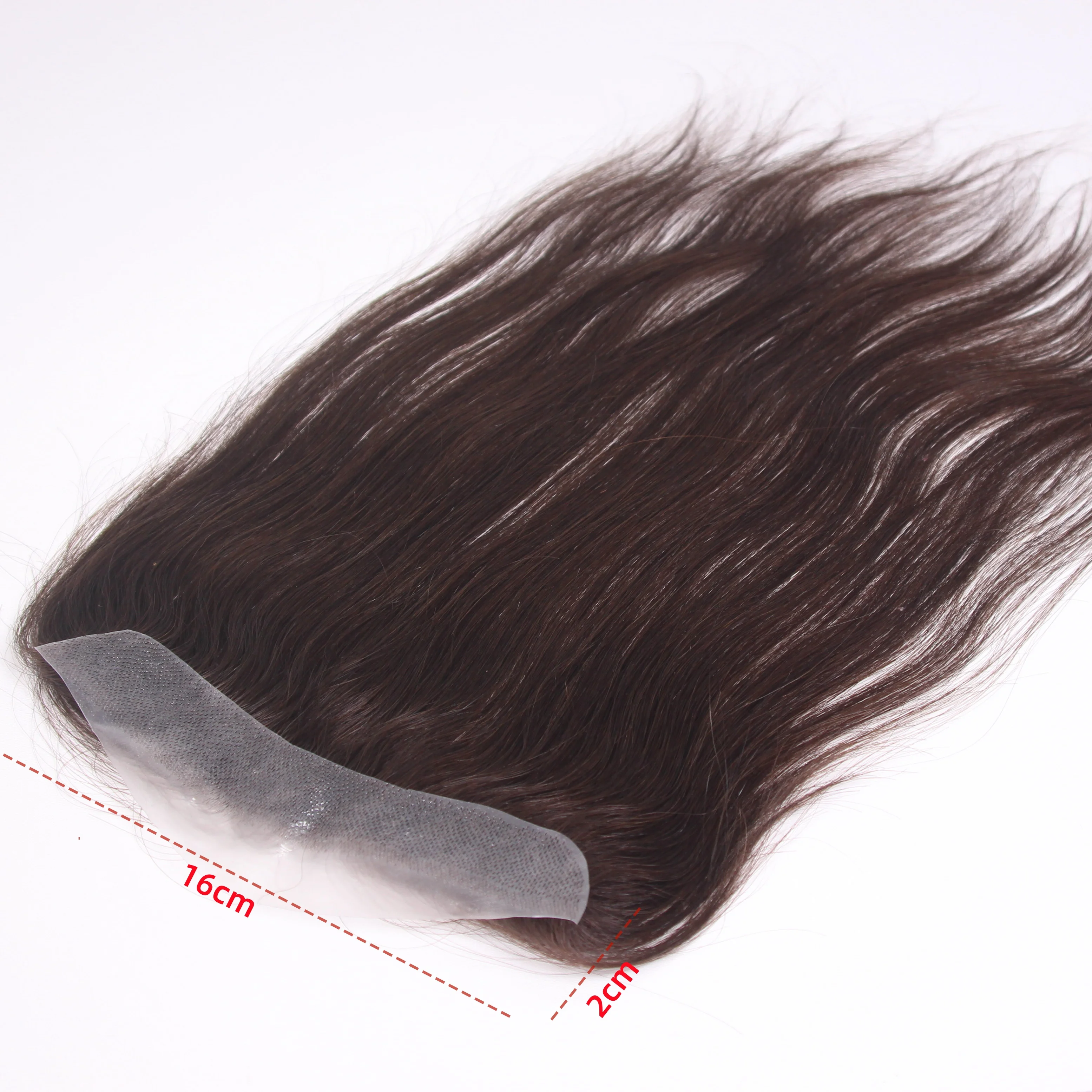 Unisex Tape-On Toupee - Straight Human Hair V-Shape Hairline PU Thin Biological Base Replacement (2x16cm 13inch)