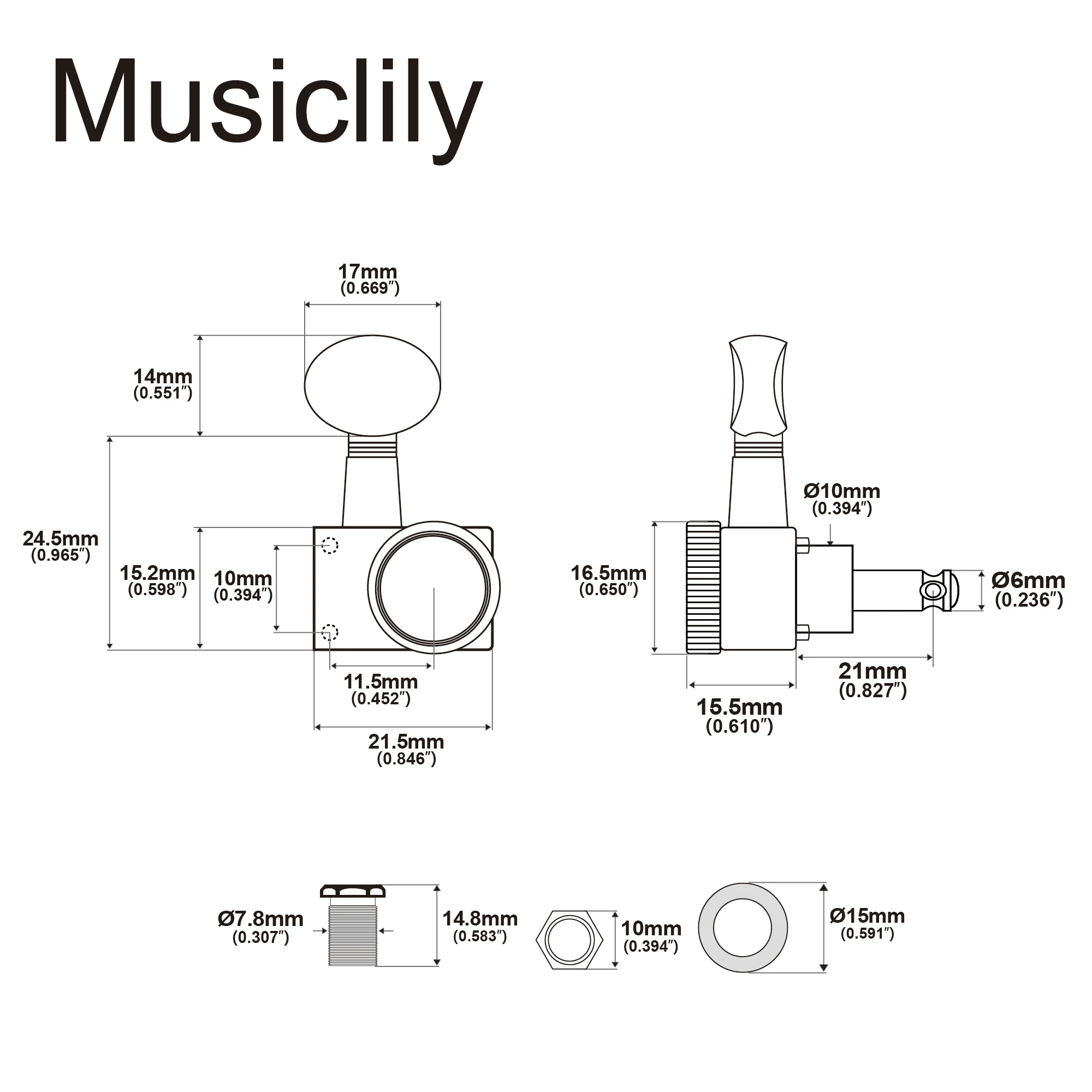 Musiclily Pro R18K 6R/6L 6-in-Line 18:1 Übersetzungsverhältnis 2-Pin Vollversiegelte Mechaniken Stimmwirbel für Fender ST Tele – Detail 39