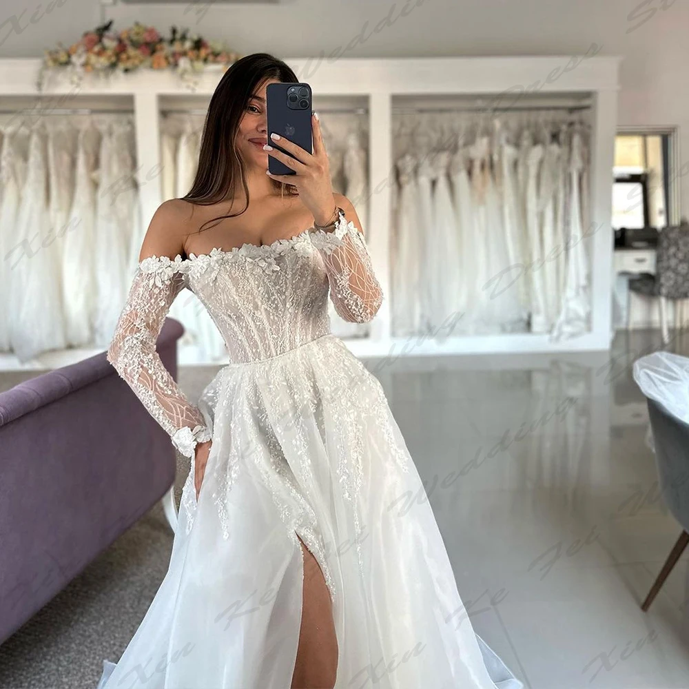 Bohemian Women's Bridal Gowns Sexy One Shoulder Side Split Lace Applique Princess A-Line Wedding Dresses Formal Beach Party Robe