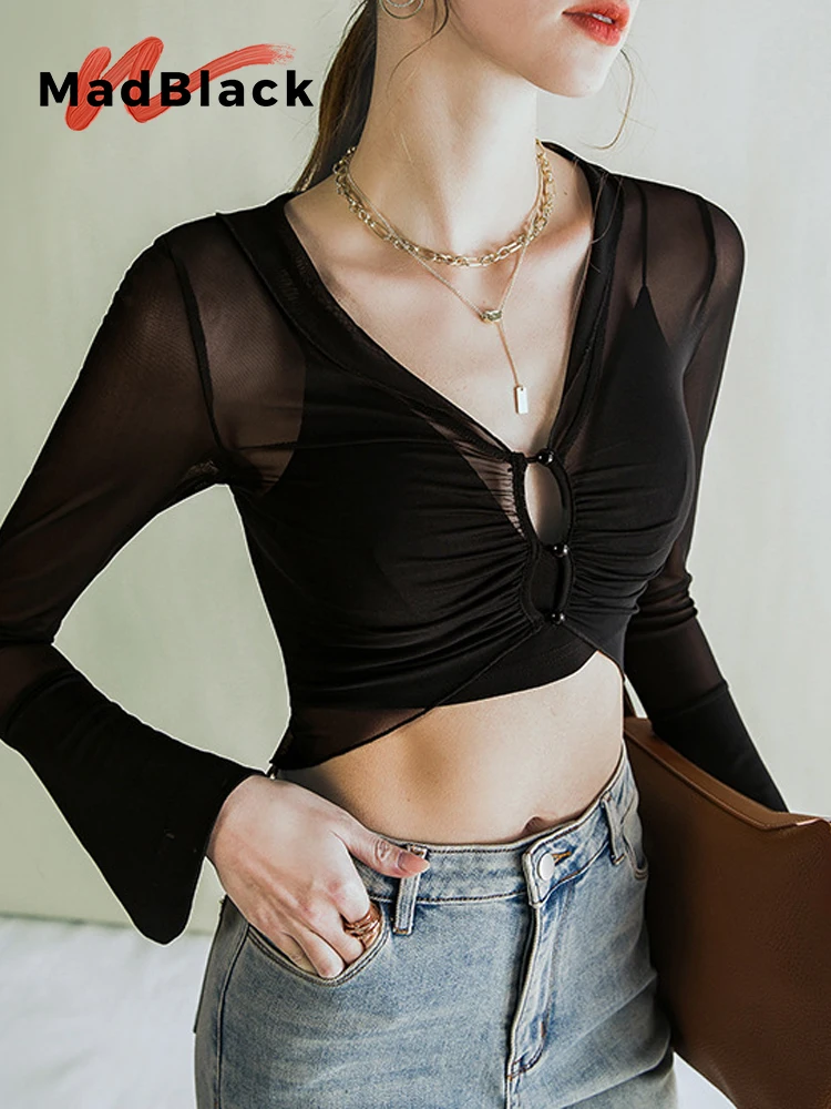 MadBlack Ins European Clothes Tshirts Women Sexy V Necks Transparent Slim Mesh Crop Top Long Sleeve Tee Spring Fall T43477JC