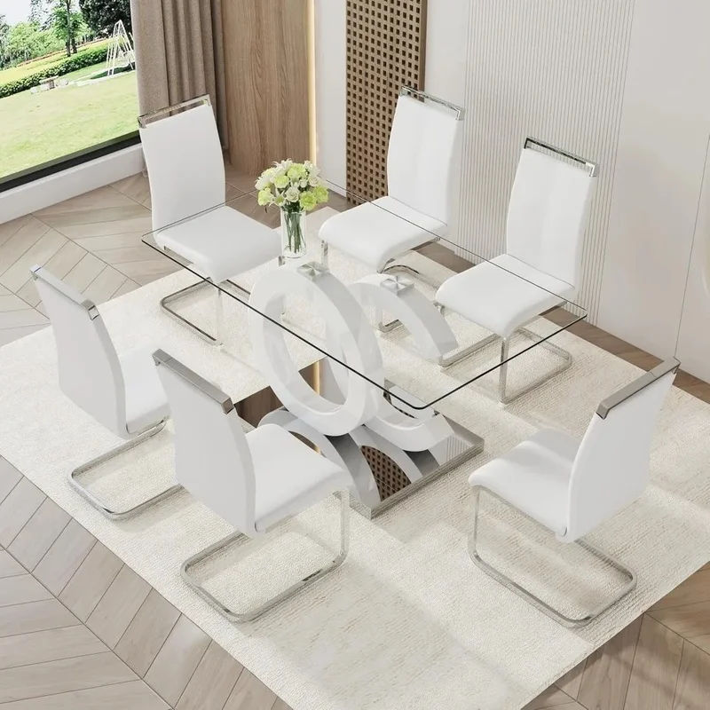 

7-Piece Dining Set with Glass Tabletop and Faux Leather Padded Chairs for Kitchen and Dining Room