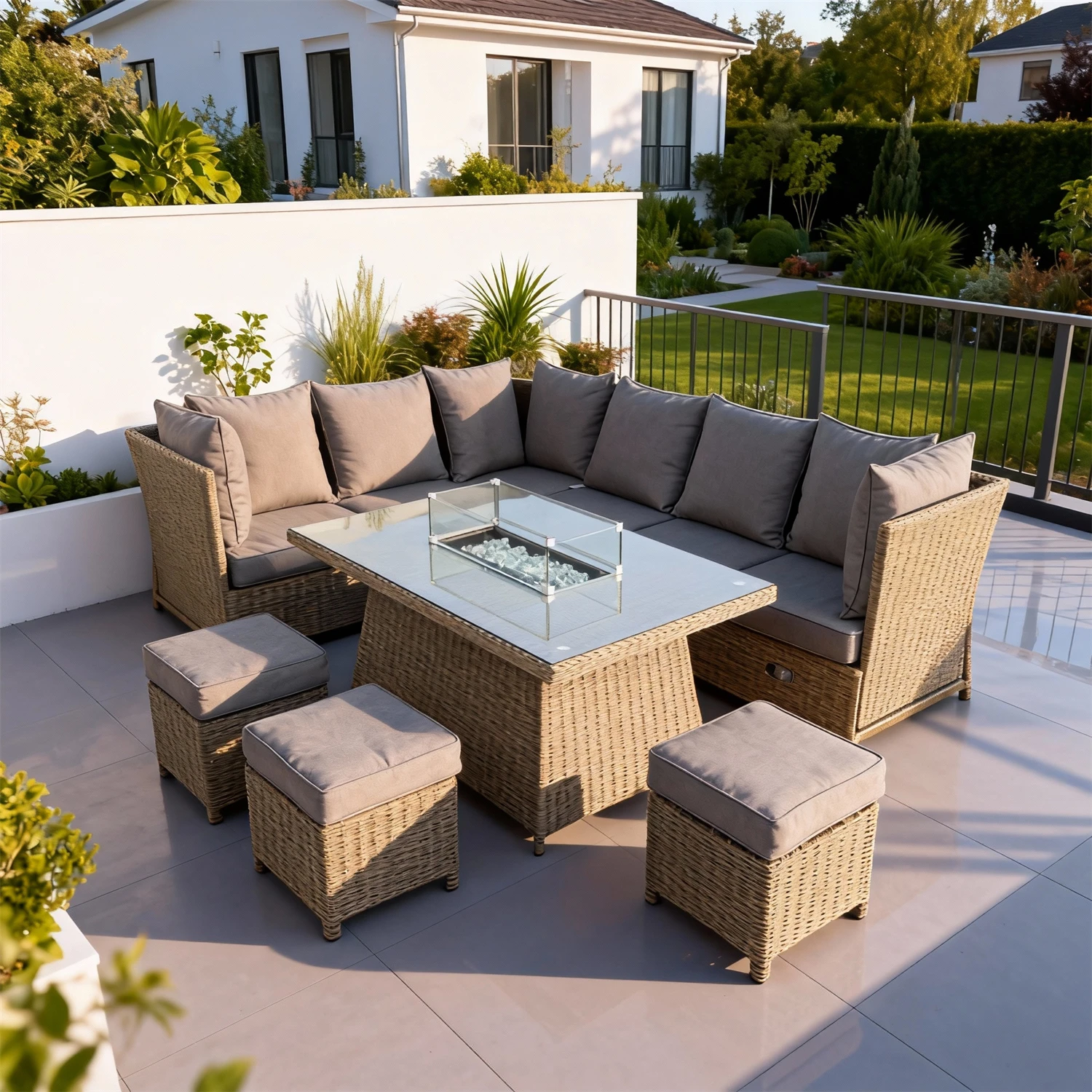 L-Shape Rattan Sofa Set with Fire Pit Table Custom Color Optional Weather Resistant Sectional Lounge Set with Ottomans