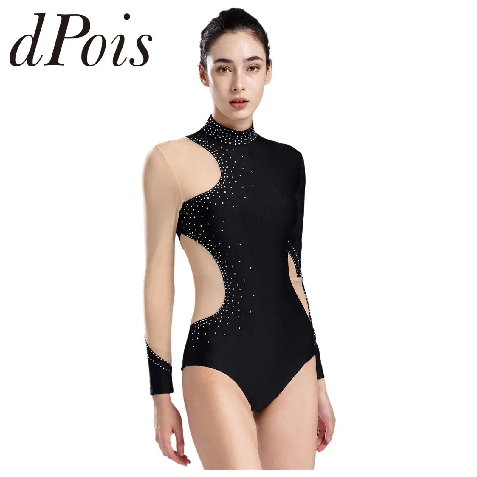 Womens Glittery Rhinestones Figure Skating Leotard Sheer Mesh Gymnastics Jumpsuits For Woman Long Sleeve Ballet Dance Bodysuit