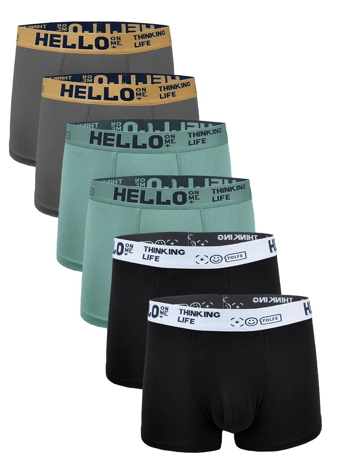 

Мужские трусы-боксеры из 6 предметов из полиэстера — пояс с логотипом «HELLO» и «THINKING LIFE», разные серые, комплект нижнего белья Sage Green & Black