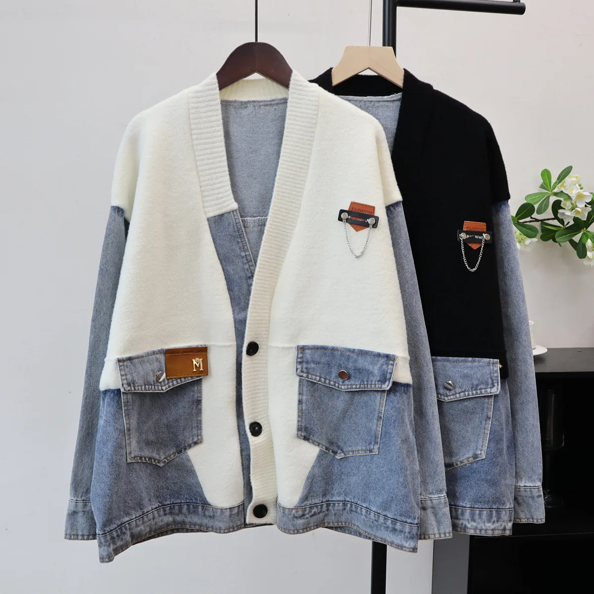 

Knitted Cardigan Sweaters Women Casual Denim Jumpers Patchwork V Neck Long Sleeves Thick Loose Fit Single Breasted 2025 Autumn